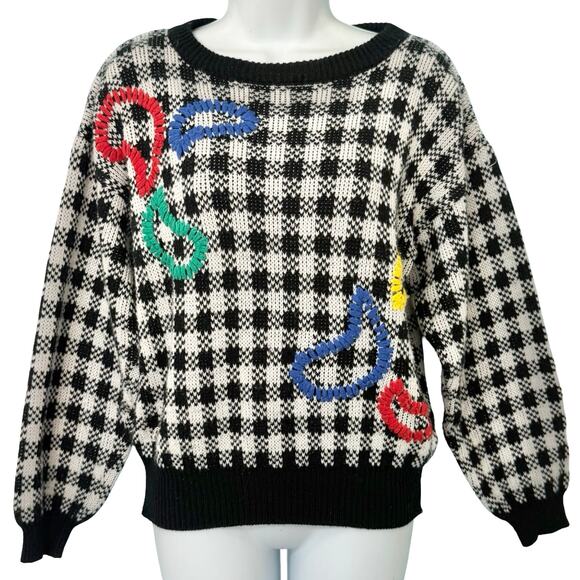 Vintage Sweaters - Vintage Black White Check Wide Stitch Rainbow Detail Crew Neck Sweater size S